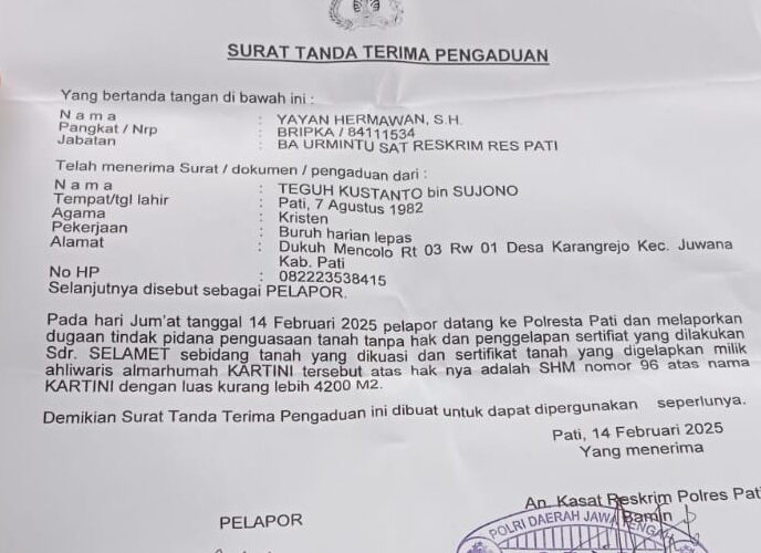 Tanah orang orang tua saya tersebut, Teguh mengungkapkan bahwa ternyata sudah dibangun berupa bangunan permanen dibuat usaha kafe "Kampung Air" oleh Selamet tampa izin atau sepengetahuan ahli waris.