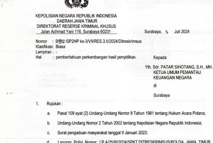 Patar Sihotang menjelaskan bahwa proses hukum dimulai dari laporan masyarakat Pemantau Keuangan Negara (PKN) mengenai dugaan korupsi dalam pelaksanaan Bantuan Dana Hibah TA 2020 dari Pemerintah Provinsi Jawa Timur.